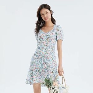 Drawstring Cotton Strawberry Print Dress, Size S